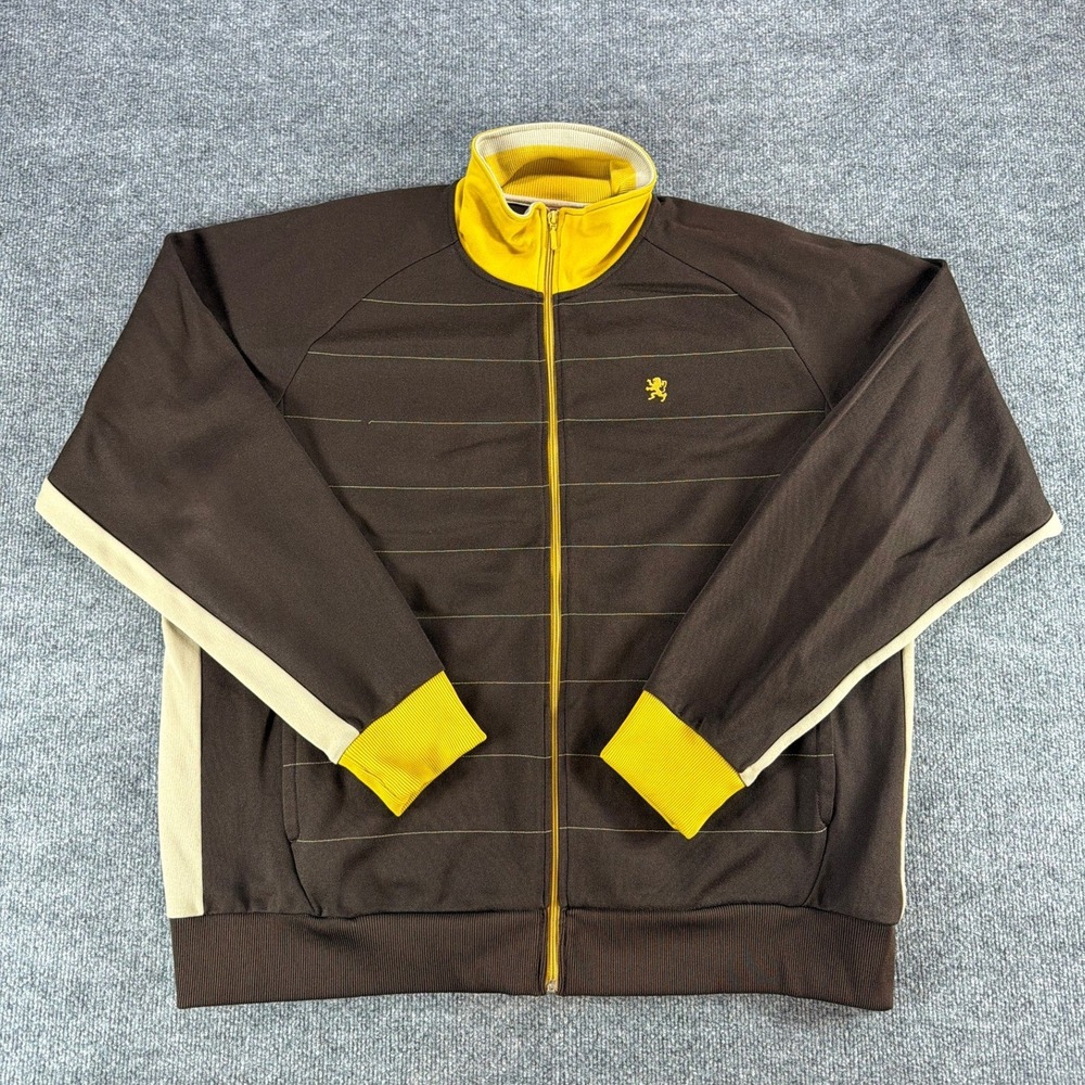 Mossimo Mens‎ Track Jacket Brown Yellow Lion Crest Full Zip Pinstripe Retro XL
